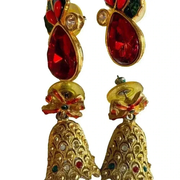 2 pairs of Vintage Christmas Holly Red Rhinestone Earrings and Bell earrings. - Picture 3 of 4